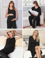 Ekouaer Maternity Nursing Robe Set 3 Pieces Sleeveless Top, Pregnancy Pants & Robe Double Layer Pajamas S-XXL - Image 6