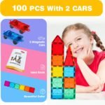 Gemmicc 100 PCS Magnetic Tiles with 2 Cars, STEM Approved Educational Magnet BuildingToys, Magnet Puzzles Stacking Blocks for Boys Girls - Image 3