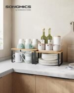 SONGMICS Cabinet Organizer Shelf, Set of 2 Kitchen Counter Shelves, Kitchen Storage, Spice Rack, Stackable, Expandable, Metal and Engineered Wood, Ink Black and Natural Beige UKCS02NB - Image 4