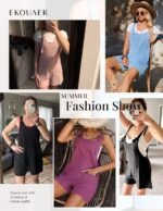 Ekouaer Rompers for Women 2025 Fashion Ribbed Knit Jumpsuit Scoop Neck Loose Outfit Wide Leg Summer One Piece Shortalls - Image 7