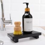 Small Bathroom Counter Organizer Tray Decorative Wood Display Pedestal Stand Kitchen Counter Soap Tray Wooden Risers for Bathroom Sink Accessories Vanity Black Bathroom Decor Dish Soap Holder - Image 3