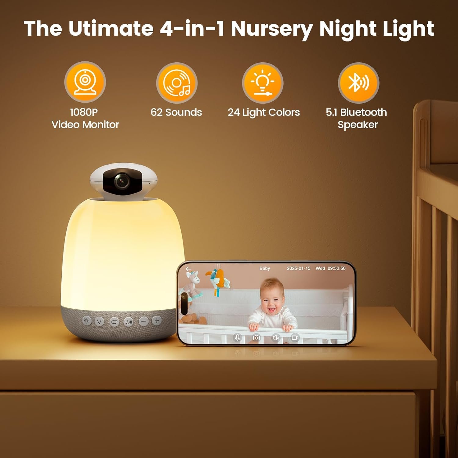 Glocusent Smart WiFi Baby Monitor, 1080p Secure Wide Angel Video Baby Monitor - Portable Sound Machine with 62 Music Tracks and 24-Color Night Light, Baby Cry Detection for Toddler Kids Bedroom - Image 3