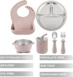PandaEar 6-in-1 Stainless Steel Baby Feeding Set | Divided Suction Plate, Bowl, Sippy Cup with Straw, Bib, Spoon & Fork | BPA-Free Toddler Feeding Essentials for Self-Feeding (Pink) - Image 4