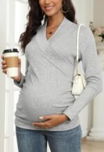 Women's Breastfeeding Nursing Top Cross V-Neck Ruched Long Sleeve Maternity Shirts - Image 3