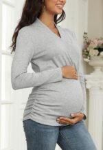 Women's Breastfeeding Nursing Top Cross V-Neck Ruched Long Sleeve Maternity Shirts - Image 4
