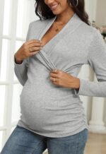 Women's Breastfeeding Nursing Top Cross V-Neck Ruched Long Sleeve Maternity Shirts - Image 5