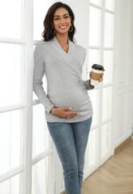 Women's Breastfeeding Nursing Top Cross V-Neck Ruched Long Sleeve Maternity Shirts - Image 6