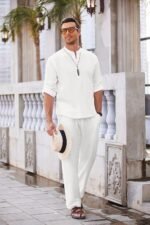 COOFANDY Men's 2 Pieces Cotton Linen Set Long Sleeve Henley Shirts Casual Beach Pants With Pockets Summer Yoga Outfits - Image 4