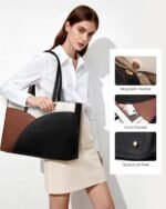 LOVEVOOK Laptop Bag for Women,15.6 Inch Work Teacher Bags Leather Tote Bag Briefcase Waterproof Computer Bag for Women，Black-White-Brown - Image 5