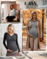 3 Pack Women's Maternity Shirts, Raglan Long Sleeve V Neck Cotton Maternity Tops Side Ruched Pregnant Clothes - Image 3