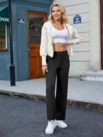 Womens Casual High Waist Straight Leg Pants Stretchy Button Business Dress Work Pocket Trousers - Image 3