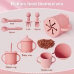 13Pcs Silicone Baby Feeding Set - Baby Spoon, Baby Bowls, Baby Plates with Suction, Baby Bib, Toddler Cups with Replaceable Lids (Pink) - Image 6