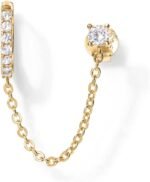 PAVOI 14K Gold Chain Earrings for Women | Double Piercing Dangle Chain Huggie Hoop Earrings | Cubic Zirconia Pearl Stud Ear Cuff Earrings for Women - Image 4