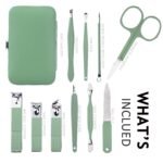 Manicure Set 10 in 1 Stainless Steel, Nail Clippers Scissors Pedicure Tools Kit - Portable Travel Grooming Kit for Men and Women with Leather Case (Jade Green) - Image 3