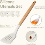 CAROTE Silicone Cooking Utensils Set, Kitchen Utensils Set 10 Pcs for cooking, BPA Free Spatula Set with Heat Resistant Wood Handles for Nonstick Cookware (Cream White) - Image 4