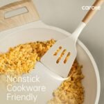 CAROTE Silicone Cooking Utensils Set, Kitchen Utensils Set 10 Pcs for cooking, BPA Free Spatula Set with Heat Resistant Wood Handles for Nonstick Cookware (Cream White) - Image 5