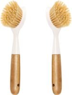2 Pack Kitchen Dish Brush Bamboo Handle Dish Scrubber Built-in Scraper, Scrub Brush for Pans, Pots, Kitchen Sink Cleaning, Dishwashing and Cleaning Brushes are Perfect Cleaning Tools, White - Image 2