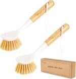 2 Pack Kitchen Dish Brushes with Bamboo Handle, Dish Scrubber Built-in Scraper, Scrub Brush for Pans, Pots, Counter & Kitchen Sink Cleaning, Dishwashing and Cleaning Brush Tools, White - Image 2