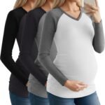 3 Pack Women's Maternity Shirts, Raglan Long Sleeve V Neck Cotton Maternity Tops Side Ruched Pregnant Clothes - Image 2