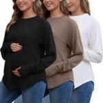 Bhome Maternity Shirts 3 Packs Long Sleeve Pregnancy Tops Loose Fit Casual Blouses with Thumb Holes - Image 2