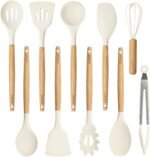 CAROTE Silicone Cooking Utensils Set, Kitchen Utensils Set 10 Pcs for cooking, BPA Free Spatula Set with Heat Resistant Wood Handles for Nonstick Cookware (Cream White) - Image 2