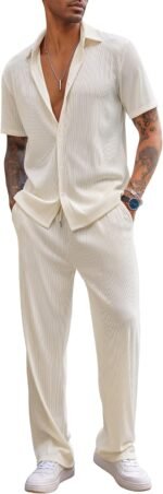 COOFANDY Men's 2 Piece Outfit Casual Short Sleeve Button Down Shirt Beach Summer Loose Pant Sets - Image 2