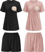 Ekouaer 2 Pack Women's Nursing Pajamas Set Double Layer Maternity Pjs Postpartum Loungewear Set Breastfeeding Tops & Shorts - Image 2