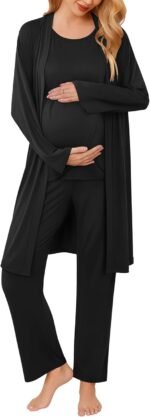 Ekouaer Maternity Nursing Robe Set 3 Pieces Sleeveless Top, Pregnancy Pants & Robe Double Layer Pajamas S-XXL - Image 2