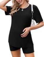 Ekouaer Women's Maternity Pajamas Sets 2 Piece Outfits Short Sleeve Shirts and Biker Shorts Pregnancy Loungewear Mama Clothes - Image 2