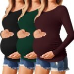 Ekouaer Womens Maternity Shirts Long Sleeve 3 Packs Pregnancy Tee Top Tunic Blouse Casual Mama Clothes S-XXL - Image 2