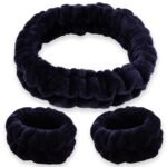 FROG SAC Puffy Spa Headband and Wristbands for Face Washing, Fuzzy Skincare Headbands for Women, Soft Makeup Skin Care Hair Accessories for Girls, Bubble Make Up Sleepover Party Supplies (Black) - Image 2