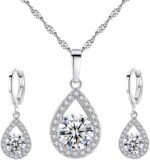 Harlorki 925 Silver Plated Cubic Zirconia Shiny Teardrop Rhinestone Pendent Necklace Dangle Earrings Jewelry Set for Women Lady - Image 2