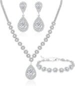 Jewelry Set for Women Silver Jewelry Set for Brides Bridesmaid Rhinestone Choker Necklace Earrings Bracelet Set for Wedding Prom Parties and Fomal Events - Image 2