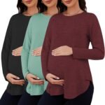 Liu & Qu 3 Packs Womens Maternity Shirts Split Side Long Sleeve Pregnancy Tops Loose Fit Casual Maternity Clothes - Image 2