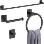 Matte Black Bathroom Accessories Set, KLJKPA 4 Pieces Bathroom Hardware Set, 24 inch Towel Bar, Towel Racks for Bathroom, Robe Towel Hooks, Toilet Paper Holder Wall Mounted - Image 2