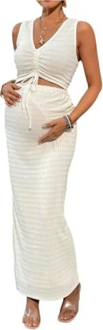 Milumia Women's Maternity 2 Piece Outfits Textured Drawstring Tie Knot Tank Top Bodycon Maxi Skirt Sets - Image 2