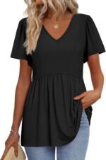 OFEEFAN Womens Summer Tops Babydoll Short Sleeve Shirts Puff Sleeve Peplum Tops V Neck T Shirts - Image 2