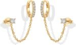 PAVOI 14K Gold Chain Earrings for Women | Double Piercing Dangle Chain Huggie Hoop Earrings | Cubic Zirconia Pearl Stud Ear Cuff Earrings for Women - Image 2