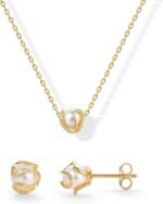 PAVOI 14K Gold Plated Round Shell Pearl Jewelry Set for Women - Gold Pearl Necklace and Earring Set with Pendant Necklace and Caged Stud Earrings Pack - Image 2