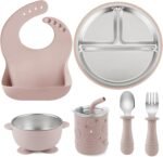 PandaEar 6-in-1 Stainless Steel Baby Feeding Set | Divided Suction Plate, Bowl, Sippy Cup with Straw, Bib, Spoon & Fork | BPA-Free Toddler Feeding Essentials for Self-Feeding (Pink) - Image 2
