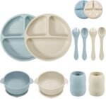 PandaEar Silicone Baby Feeding Set| 2 Divided Suction Plate + 2 Suction Bowl + 2 Tiny Cup with 2 Spoons| Baby Led Weaning Supplies Self Feeding Utensils (Blue White) - Image 2