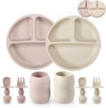 PandaEar Silicone Baby Feeding Set, 2 Pack - Divided Suction Plate, 2 Tiny Cup with Spoons, BPA Free, Light Tan/Pink - Image 2