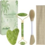 Real Perfection Gua Sha Facial Tools Face Roller for Wrinkles Jade Roller and Gua Sha Set, Scrubber Pore Brush Headband Skin Care Tools for Travel Skincare Routine Massaging Reducing Puffiness - Green - Image 2