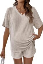 SweatyRocks Women's Maternity 2 Piece Outfits V Neck Short Sleeve Top and Elastic Waist Shorts Set - Image 2