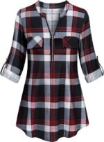 Tanst Sky Womens Casual Long Sleeve Zipped V Neck Plaid Tunic Blouses - Image 2