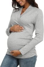 Women's Breastfeeding Nursing Top Cross V-Neck Ruched Long Sleeve Maternity Shirts - Image 2