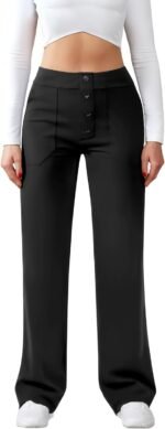 Womens Casual High Waist Straight Leg Pants Stretchy Button Business Dress Work Pocket Trousers - Image 2