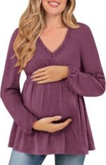 Women's Maternity Tops Long Sleeve V Neck Fall Loose Blouse Ruched Babydoll Pregnancy Shirts S-2XL - Image 2