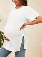 Tankaneo Womens Maternity T Shirts Summer Ribbed Short Sleeve Tunic Tops Textured Side Split Tee Pregnancy Clothes - Image 6