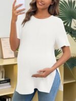 Tankaneo Womens Maternity T Shirts Summer Ribbed Short Sleeve Tunic Tops Textured Side Split Tee Pregnancy Clothes - Image 7